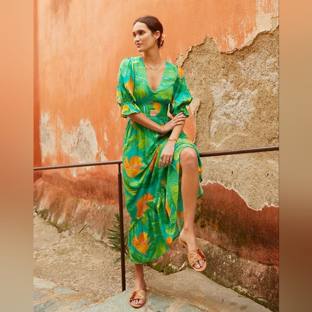 Soi Paris Green Tropical Rio Floral Jungle Maxi Dress Sz 38 Medium